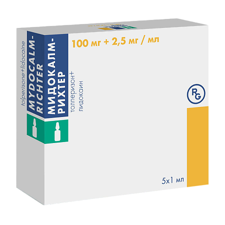 Мидокалм-Рихтер раствор в/в в/м 100мг+2,5мг/мл 1мл №5